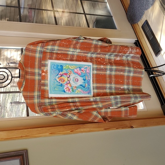 Bleached Distressed Plaid Flannel Hippie Troll "Peace" Mushrooms Sz XXL Shirt - Picture 6 of 12